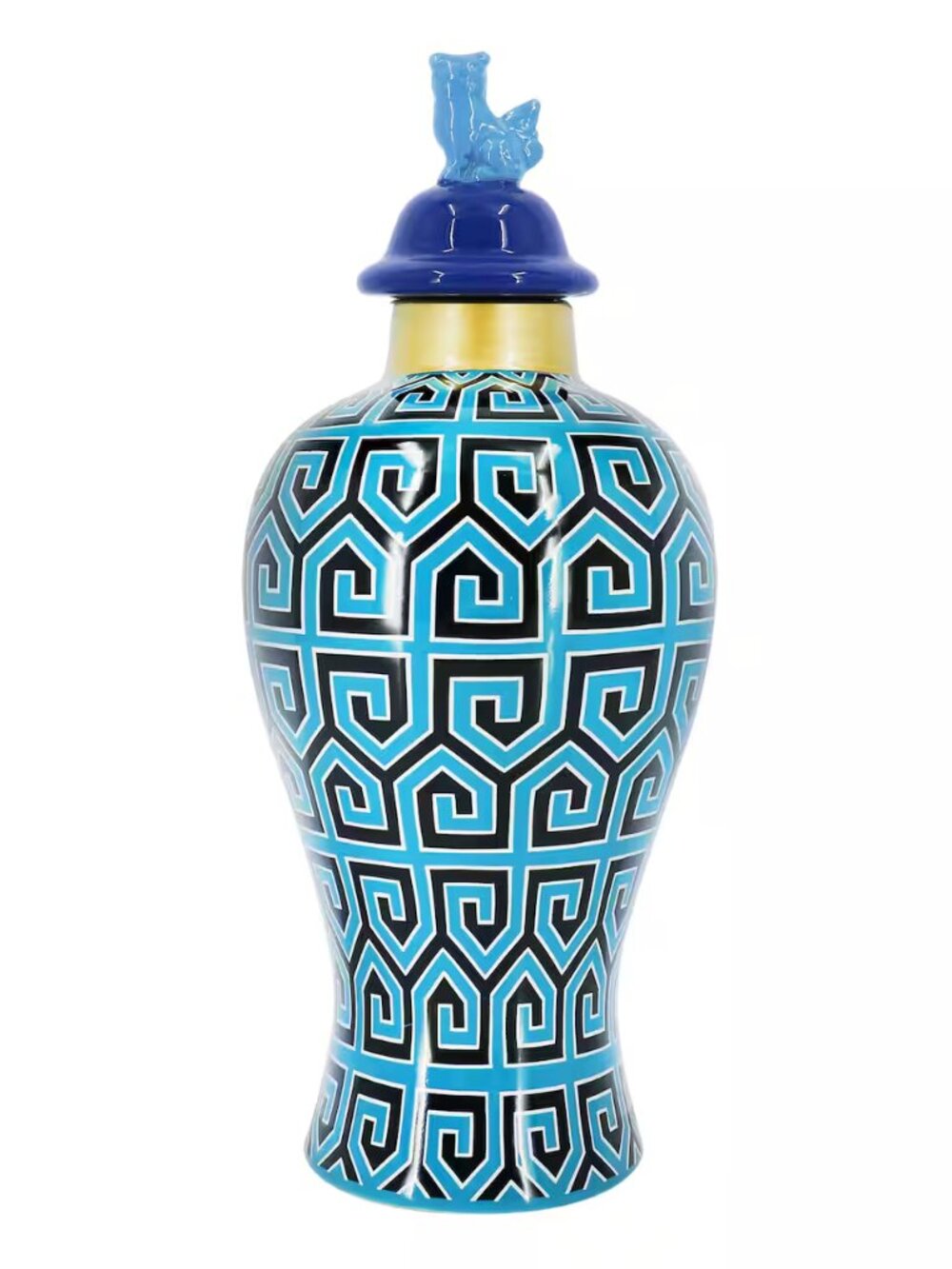 Jonathan Adler 12 Inch Blue & Black Greek Key Tabletop Ceramic Urn with Lid NEW